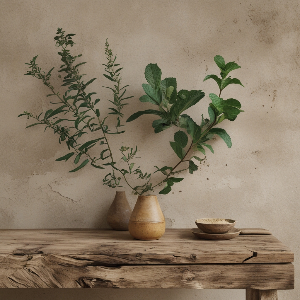 Ramuan herbal segar termasuk daun mint, jahe segar, dan kunyit kuning di atas meja kayu alami dengan pencahayaan hangat